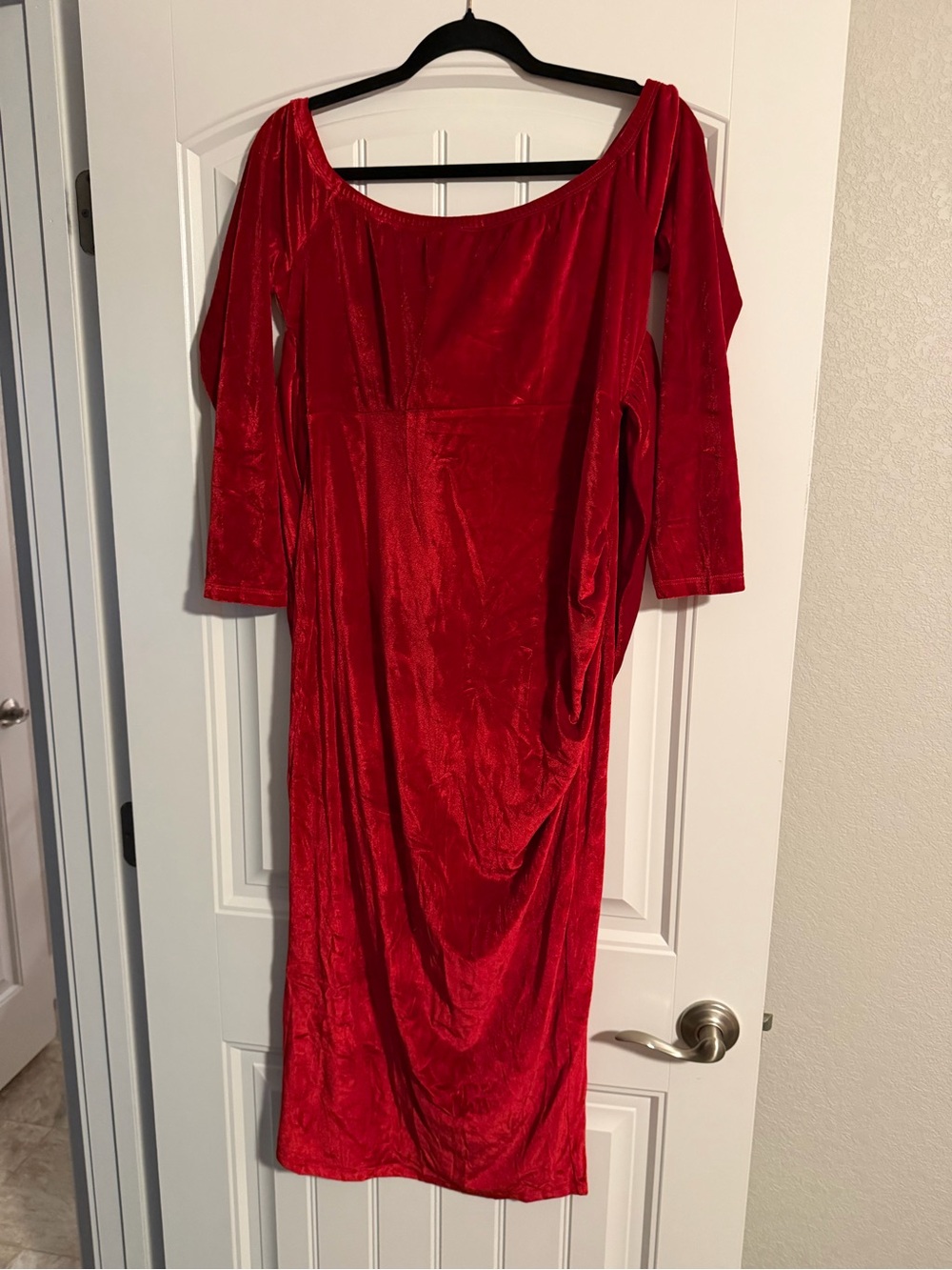 Fashion Nova Red Velvet Long Sleeve Off-Shoulder Dress